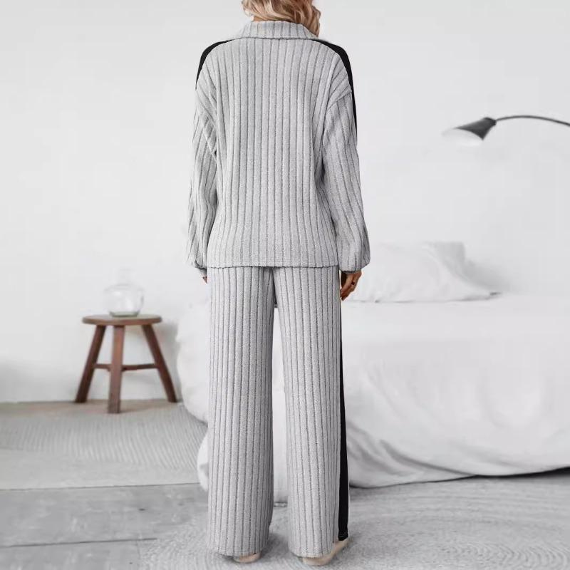 Moda mujer Casual Primavera Otoño Color sólido estampado manga larga POLO cuello pantalones pantalones trajes