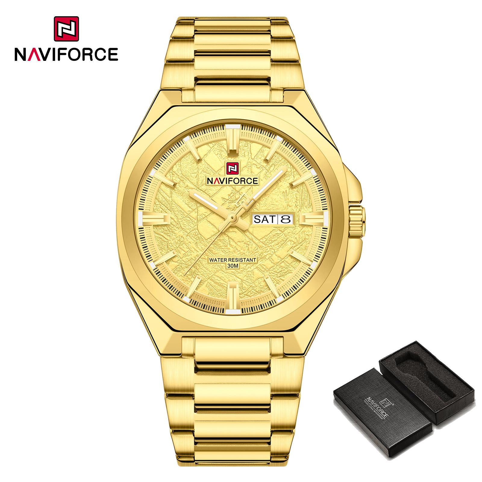 

NAVIFORCE Оригінальний Чоловічий Модний Годинник Календар Дата Люмінесцентні Стрілки Простий Циферблат 30м Водонепроникний Ремінець з Нержавіючої Сталі Чоловічий Діловий Годинник NF9273 золотий