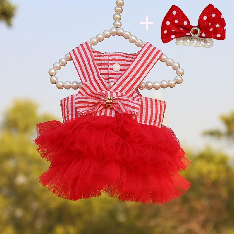 Dog Dress Girls Summer Clothes for Dogs Cat with Bowknot Clips Lace Striped Pet Suspenders Puppy Princess Dresses Dog Tutu Skirt