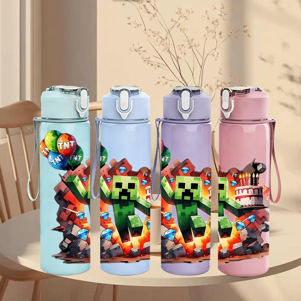 1PC Minecraft Creeper Fire Explosion Print 750ml Color Plastic Sports Water Bottle Leakproof Flip Straw Lid Suitable for Sports Office Home Use