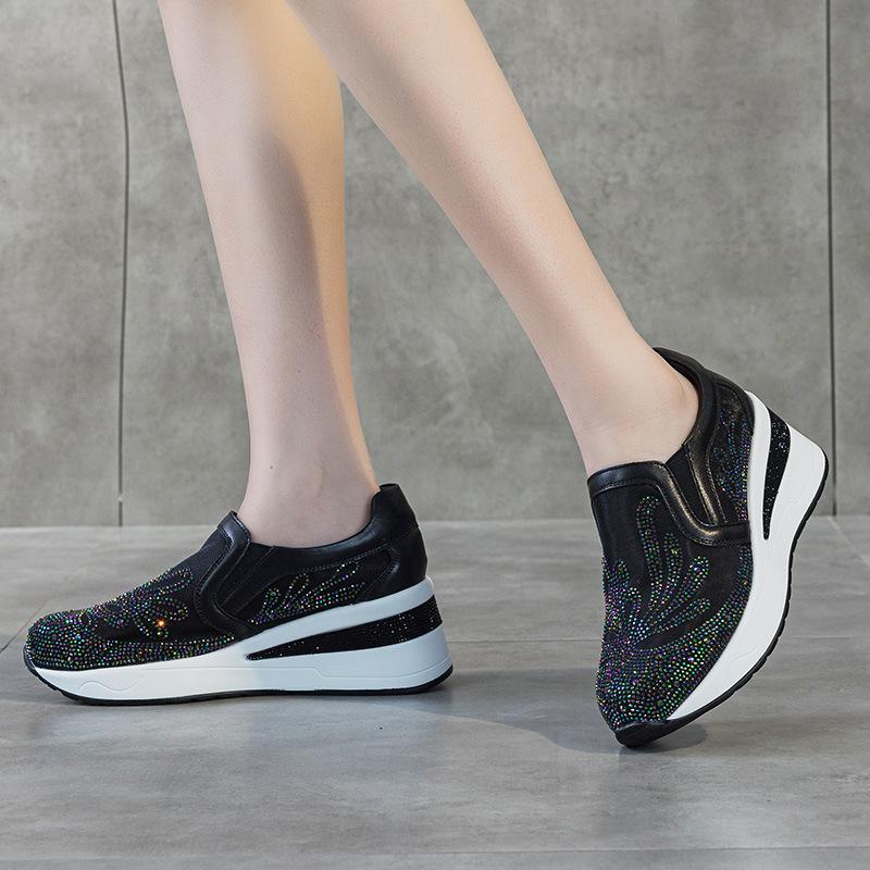 New embroidered wedge heel single shoes mesh breathable rhinestone muffin platform casual fashion women's shoes
