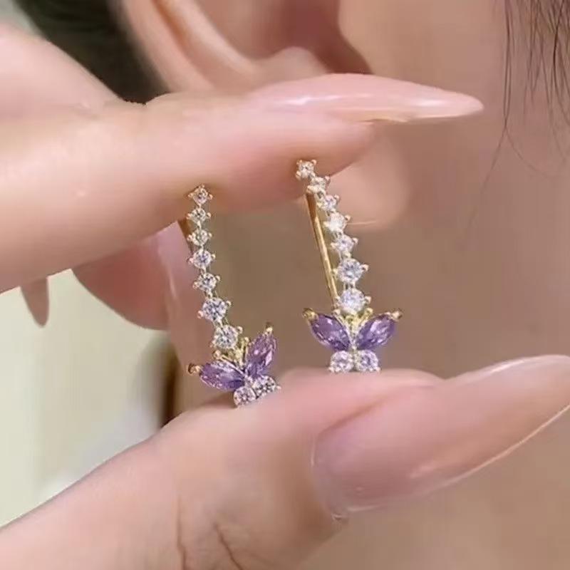 Niche Design Purple Crystal Butterfly Stud Earrings: Exquisite, Fashionable, Versatile High-End Jewelry for Women