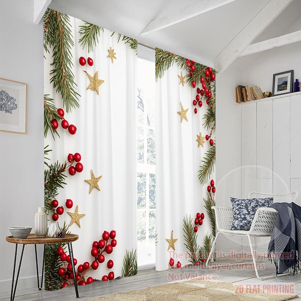 2pcs,2D plane printing Print Curtains Christmas Berry Pine Greenery Polyester (without rod) Decorations Outdoor Ldeal for