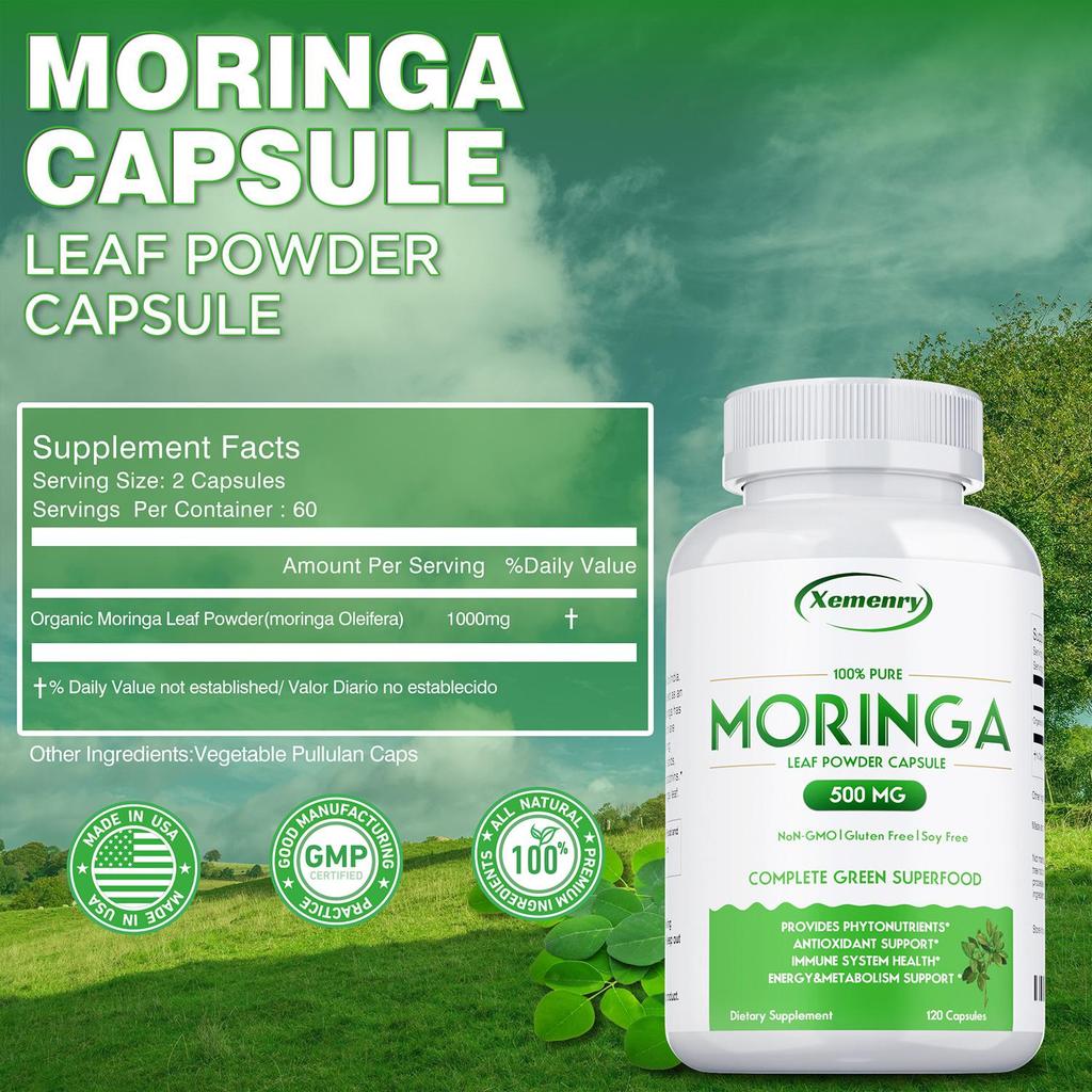 Moringa Leaf Powder Capsules Provide Antioxidant Support and Boost the Immune System. 120 Capsules Per Pack, Each Containing 500mg of Moringa.