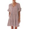 Women Summer Floral Midi Dress Casual V-Neck Ruffle Short Sleeve Flowy Dress Boho Beach