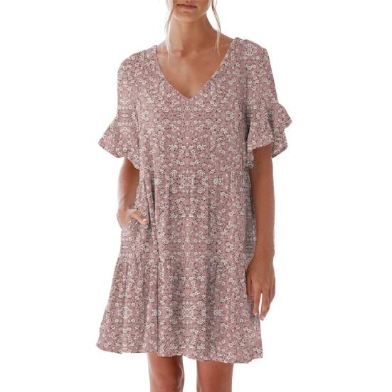 Women Summer Floral Midi Dress Casual V-Neck Ruffle Short Sleeve Flowy Dress Boho Beach