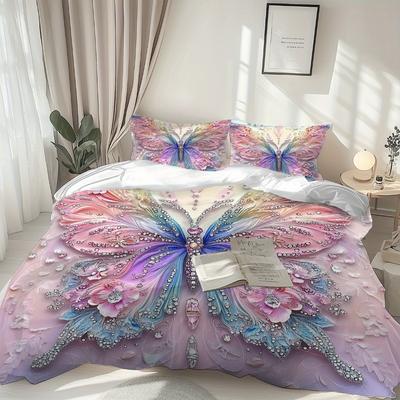 3pcs Pink Purple Bedding Set Blue Fantasy Style Butterfly Print Comfortable King Queen Twin Single Size Bithday Gift for Sister