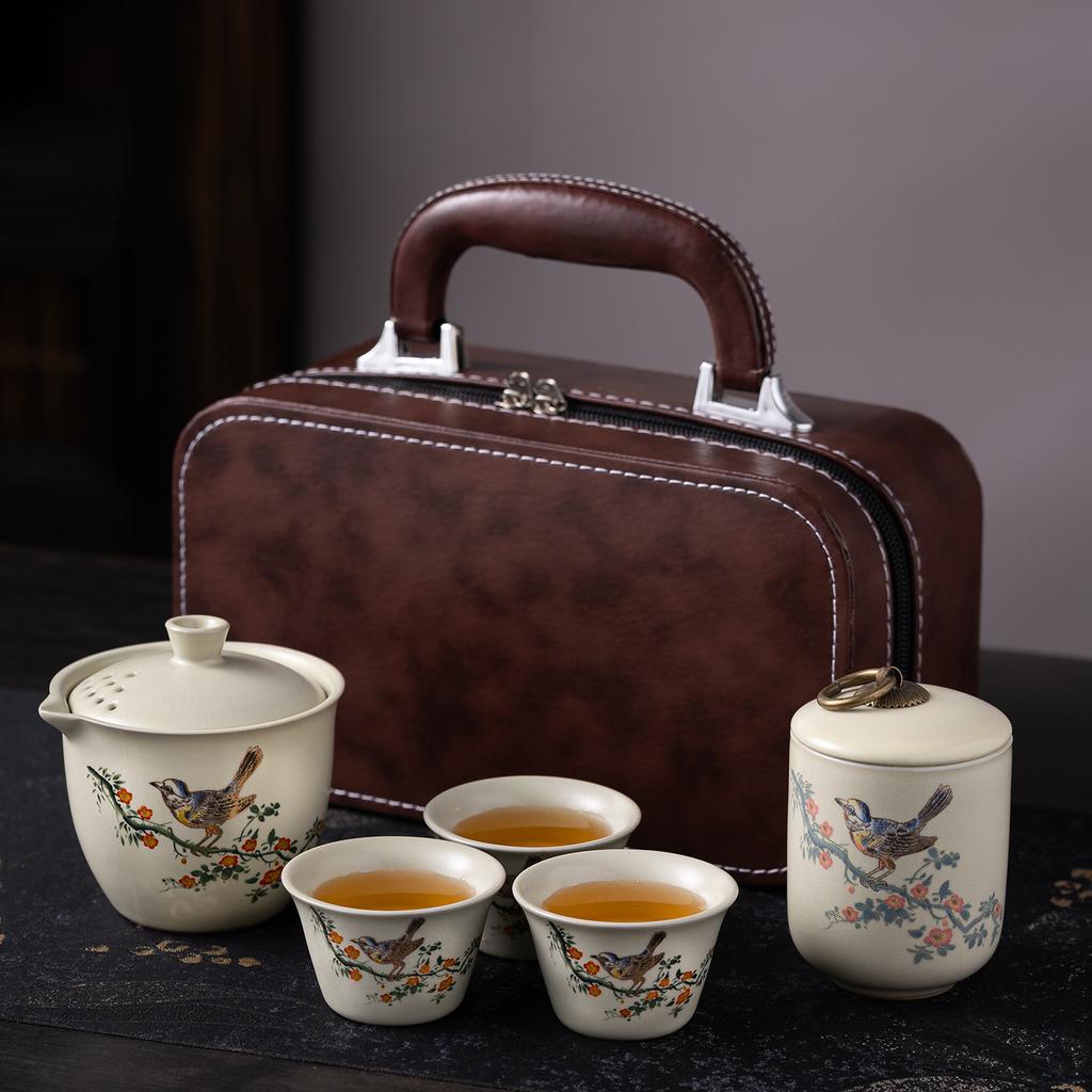 Mid-Autumn Festival Portable Ceramic Travel Tea Set, Three Cups Kuaike Cup Outdoor Kung Fu Teapot Gift Box