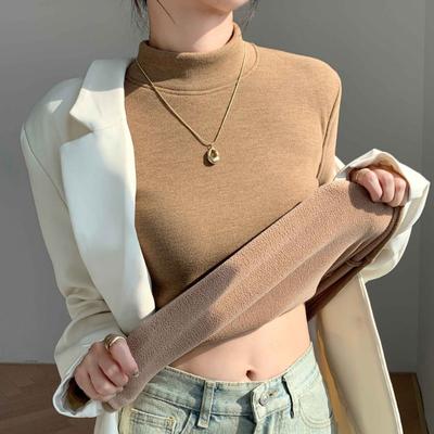 Women's Autumn and Winter Half-high Collar Base Shirt with Slim-fit Fleece-lined Thickened Windproof Warm Long-sleeved Top