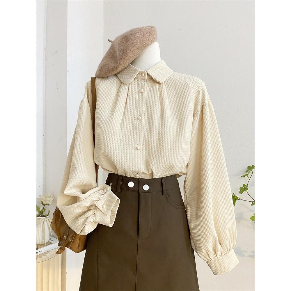 

Вафельная блузка с рукавами-фонариками для женщин, с нишевым дизайном, свободного кроя, в стиле французского ретро-шика, с кукольным воротником, с длинными рукавами XL абрикосовый