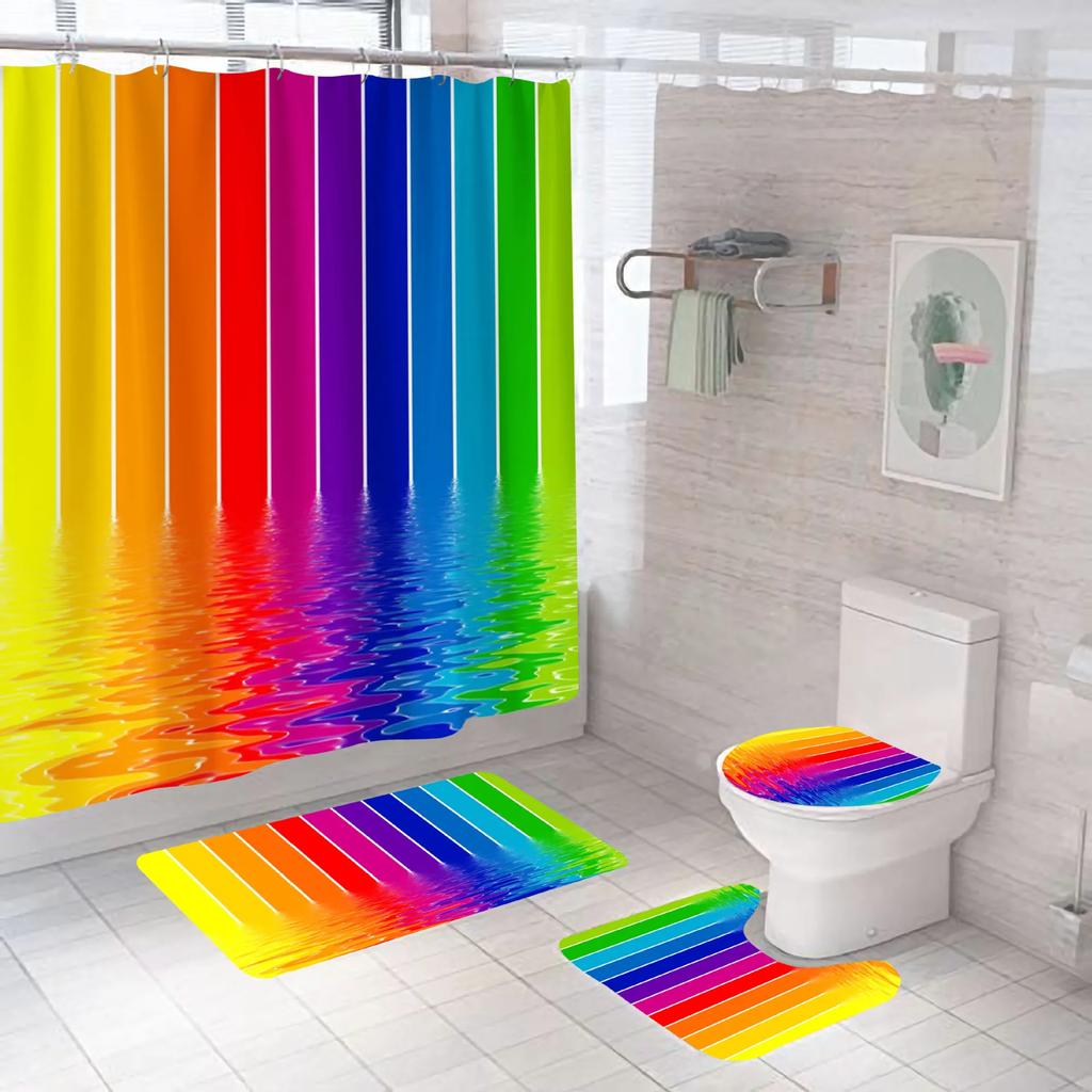 Colourful Rainbow Cube Shower Curtain Set And Bath Rugs Set Vibrant Pattern Bathroom Shower Curtains Set For Bathroom Home Decor