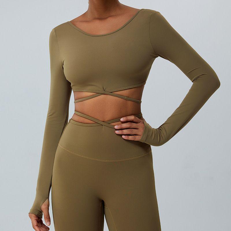 

Cross Long Sleeves Women s Lace-up Belly Contracting Bare Back Yoga Clothes