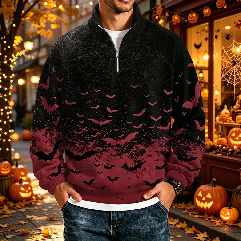 Men's Halloween Print Raglan Sweatshirt Loose Fit Stand Collar Casual Top