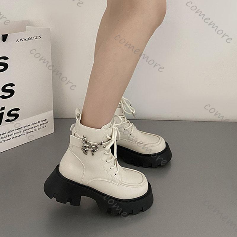 Comemore Sweet Cool Motorcycle Ankle Boots Thick Bottom Women's 2025 New Autumn Retro Short Botines Bow Buckle Shoes for Women