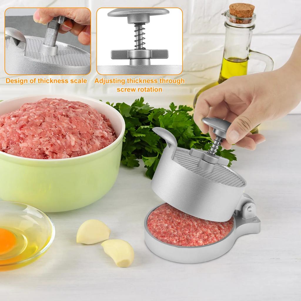 Manual Burger Press Patty Maker with 100 Patty Paper Adjustable Thickness Hamburger Patty Mold Non-Stick Kitchen Meat Gadgets