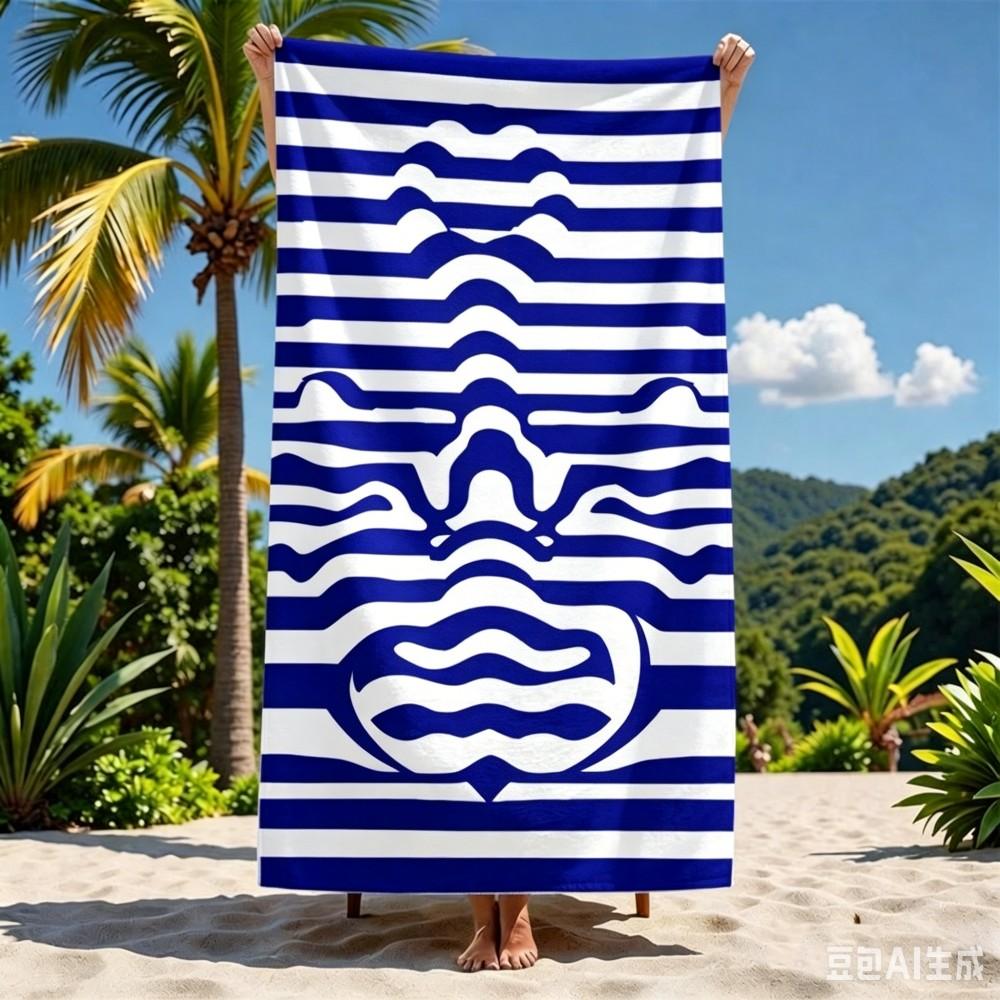 Large Abstract Striped Face Beach Towel Nautical Blue White Microfiber Towel for Beach Trips and Summer Days