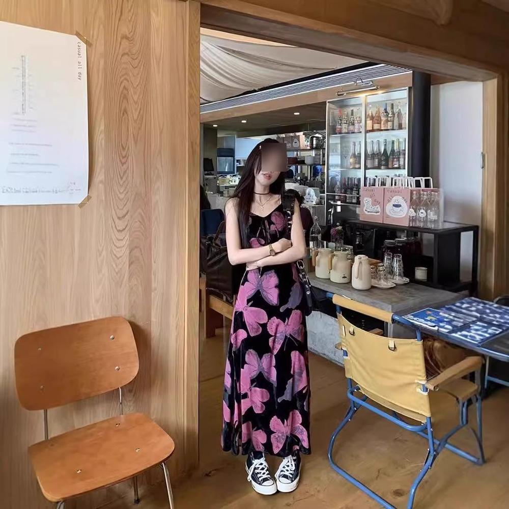 Vintage butterfly print dress women's spring and summer girl style slip skirt with a variety of temperament