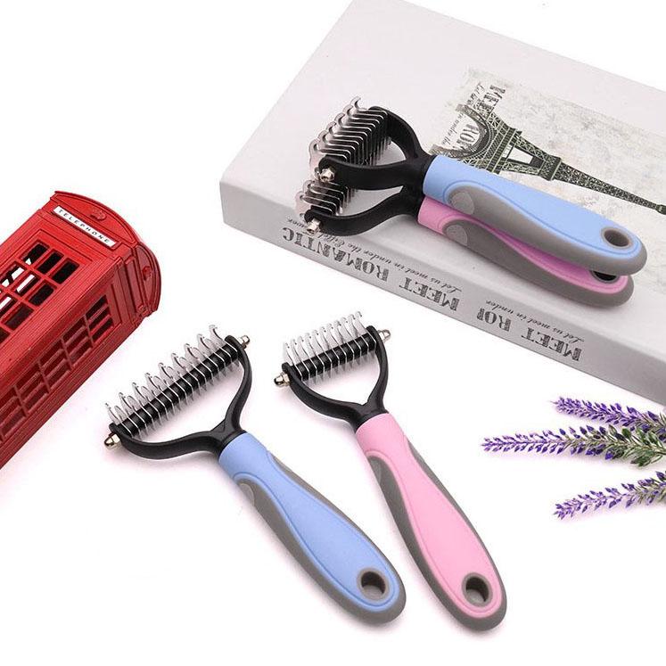 Pet Double-sided Brush Grooming Dematting Deshedding Stainless Steel Blade for Matted Long Cat Dog Hair Removal Comb