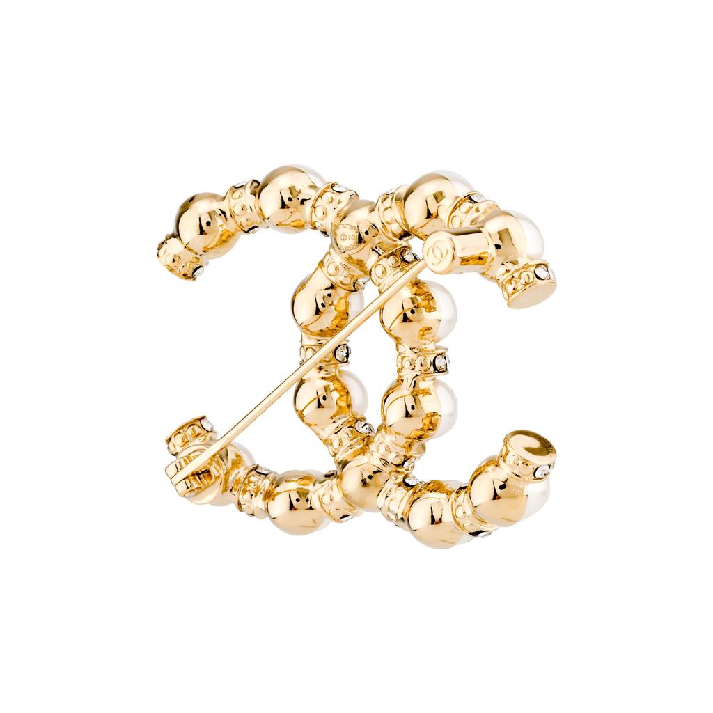 Chanel Classic Double C Pearl Brooch Crystal Women Accessories Gold Pearl-White AB5647-B03409-N7683