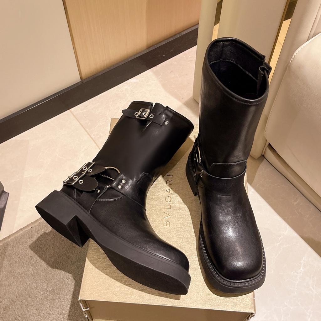 Autumn and Winter New Soft Leather Spice Girls Tooling Boots Women's Locomotive Boots Medium Boots New Thick Heel Knight Boots