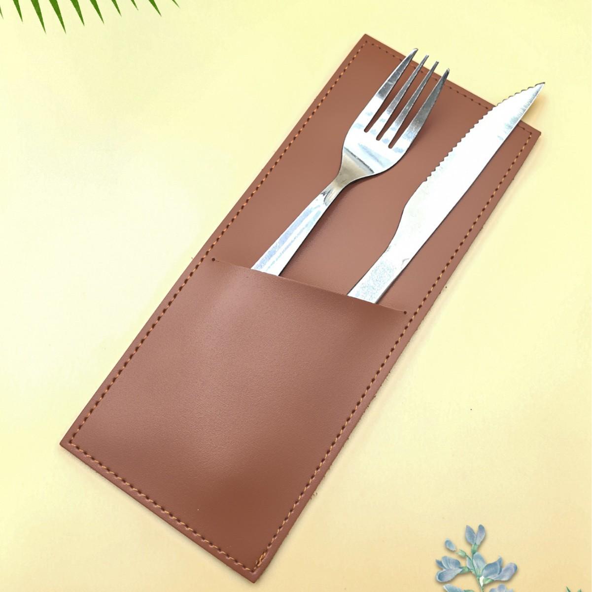 Sac de rangement pour vaisselle occidentale, sac de rangement pour vaisselle d'hôtel, sac de rangement pour fourchettes en cuir, protection pour couteau et fourchette de table occidentale brun foncé