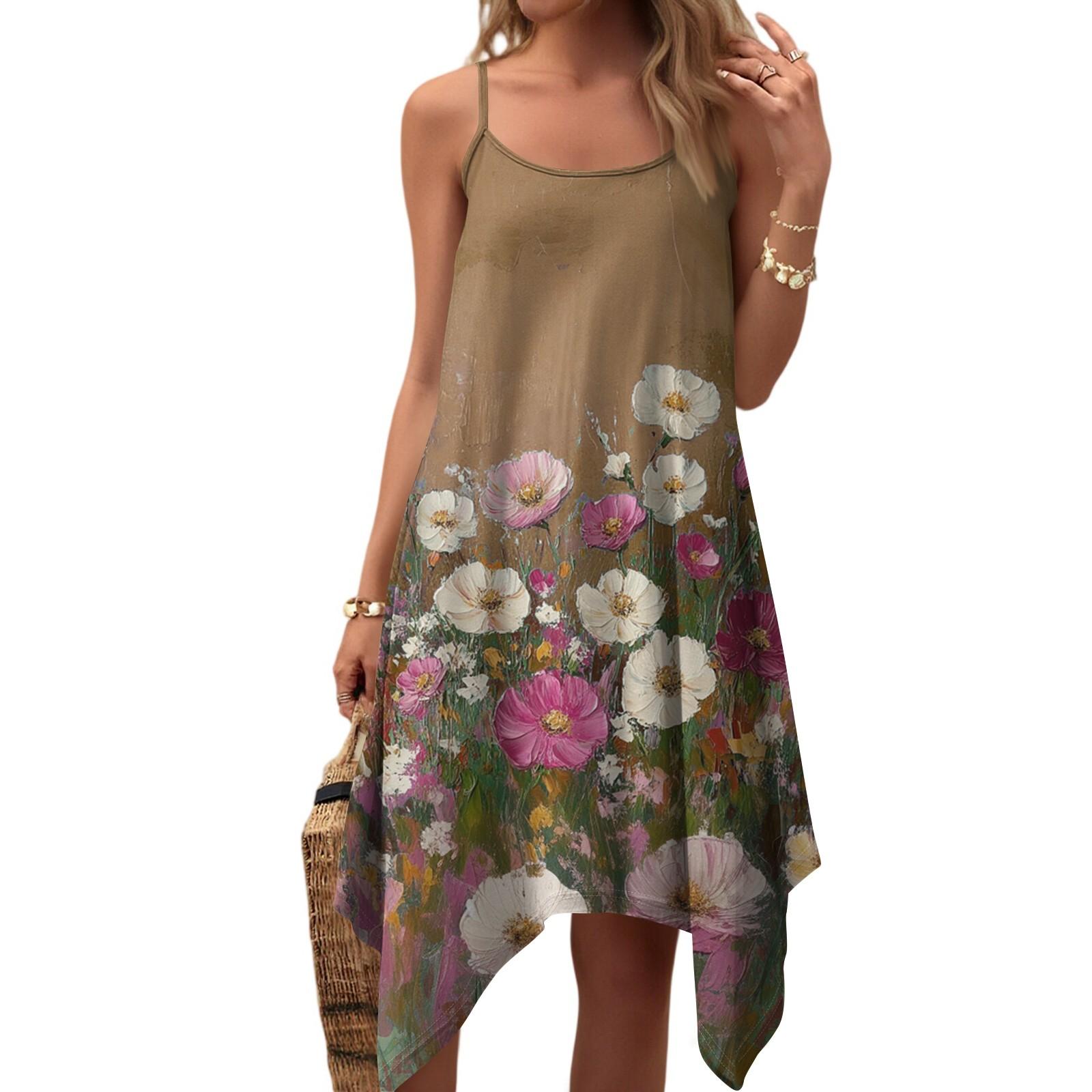 

Женское летнее повседневное винтажное платье с цветочным принтом, круглым вырезом, регулируемыми подтяжками и карманами M хаки