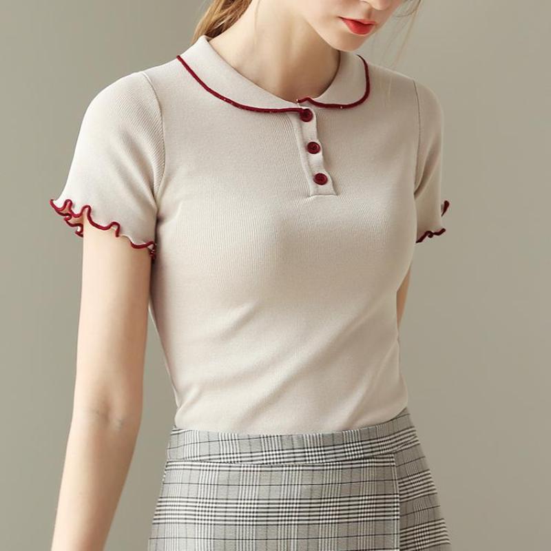 Tricou simplu cu guler polo, mânecă scurtă, culoare contrastantă, croială slim fit, tricotat din mătase de gheață, top nou cu guler pătrat pentru femei, vară