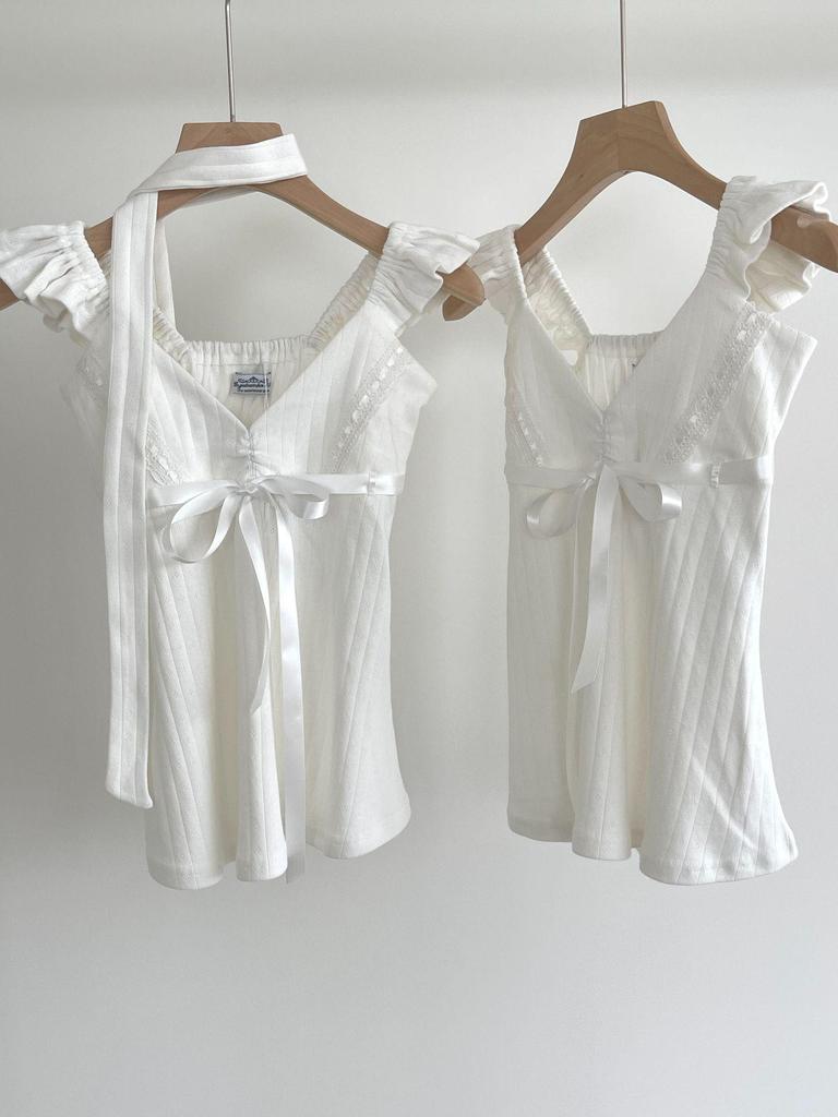 Angel Number 555 Sweet & Spicy V-Neck Lace Ribbon Top with Flutter Sleeves & Scarf