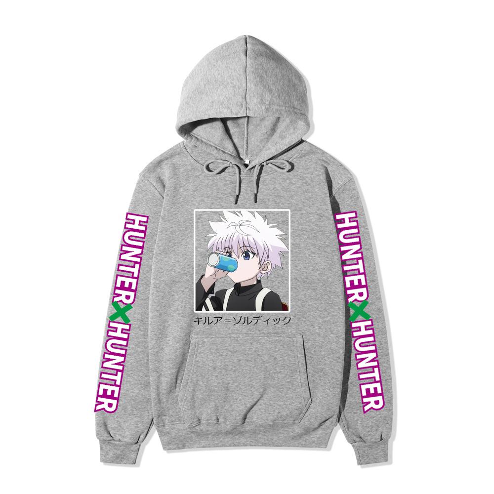 Hunter X Hunter Drinking Killua Hoodie Japanese Name Purple Letter Sleeve Anime Hooded Pullover Sweatshirt