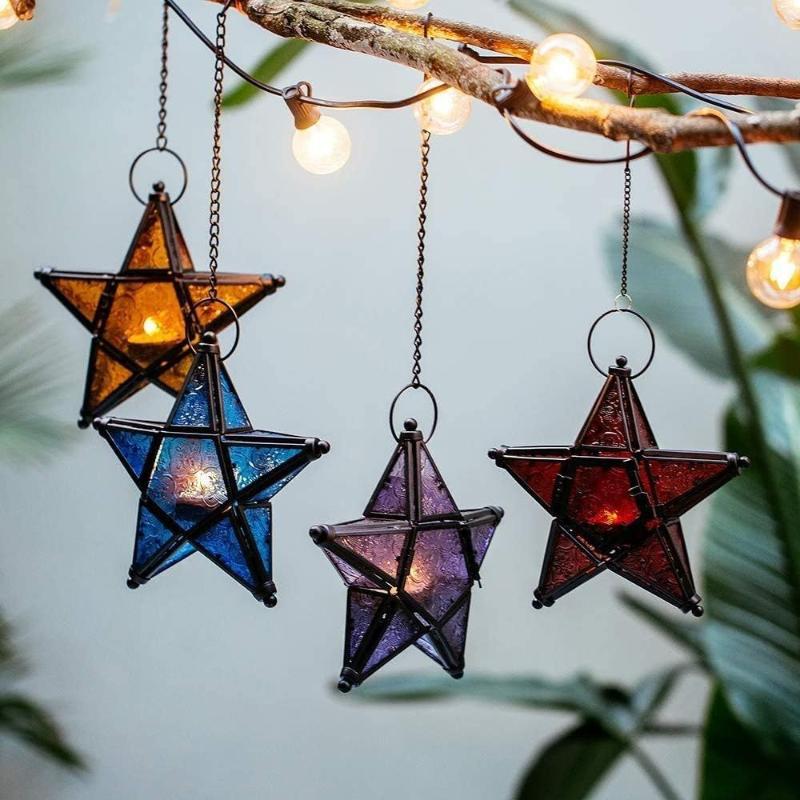 Portacandele a Pentagramma in Ferro Battuto Vetro Colorato Design Antivento Retrò per Decorazione della Casa e Occasioni Speciali