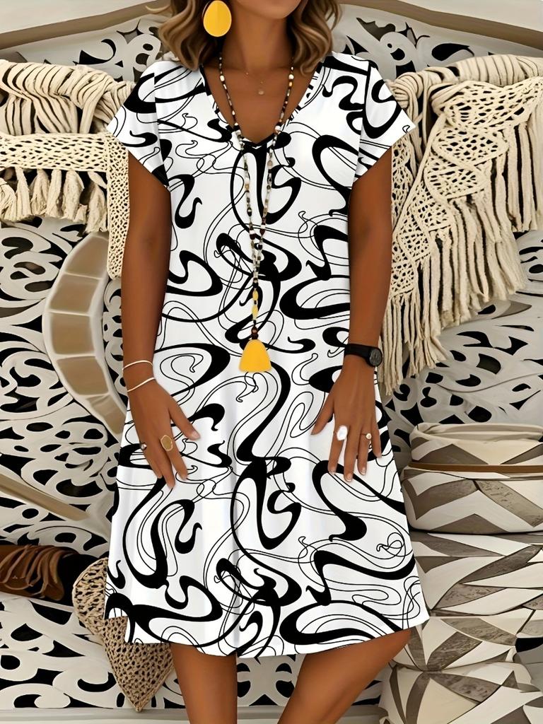 Damen Kurzarm V-Ausschnitt Kleid Lässig Abstrakt Wirbel Print Schwarz Weiß A-Linie Sommerkleid Mode Ärmelloses Kleid