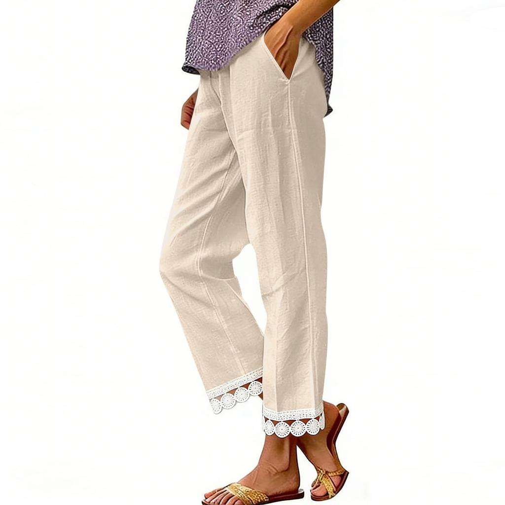 Women's Fashion Color Elastic Waist Pocket Lace Splicing Casual Straight Pants