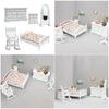 Wooden Doll House Bedroom Furniture Set Bedroom Landscape Accessory Bed Bedside Table Cabinet Figure for Creative Play