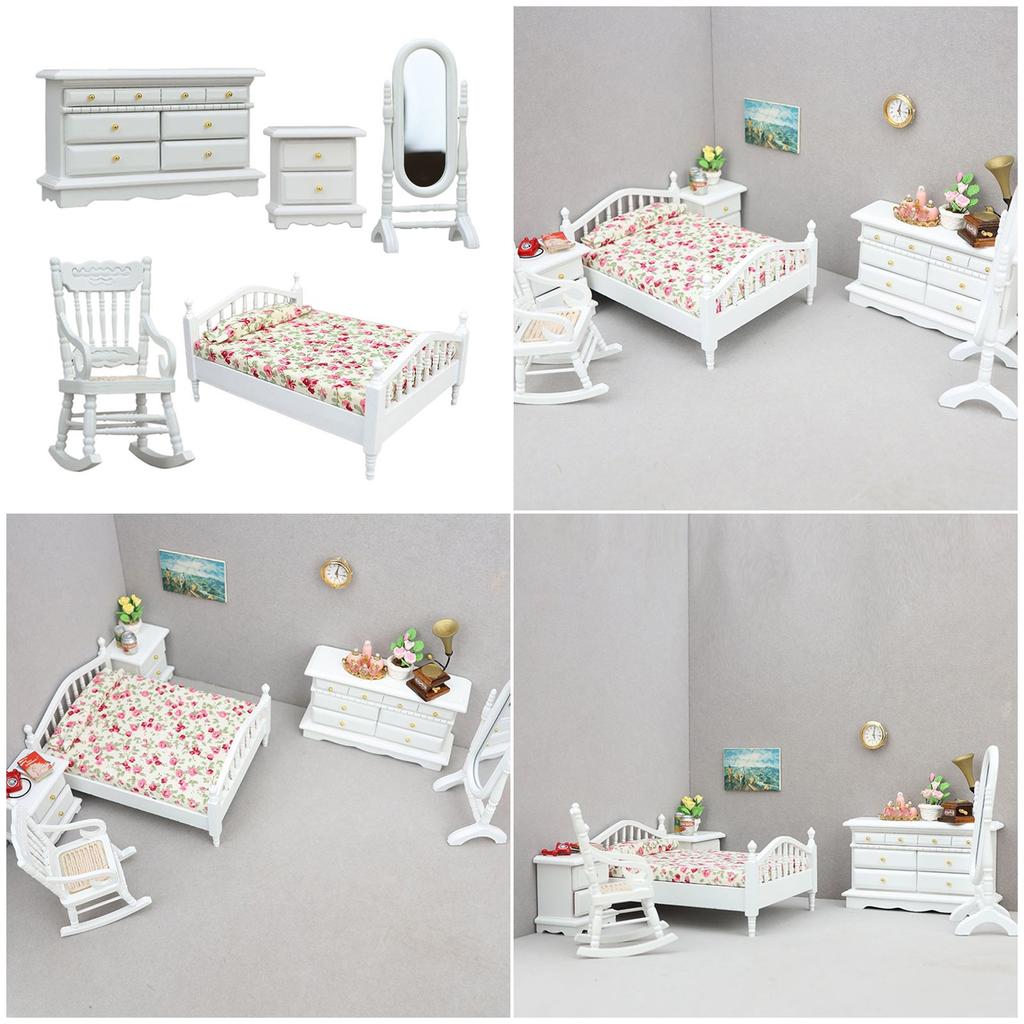Wooden Doll House Bedroom Furniture Set Bedroom Landscape Accessory Bed Bedside Table Cabinet Figure for Creative Play