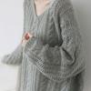Large French Lazy Style Mohair Sweater for Women Spring Gentle Temperament V-neck Hollow Knit Sweater Top