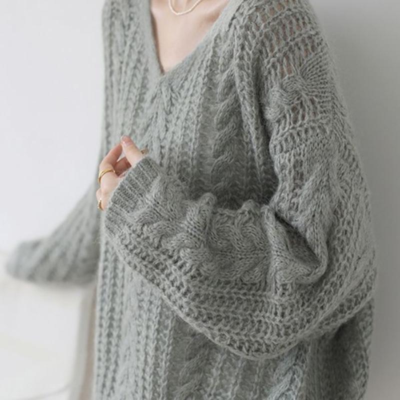 Großer französischer Mohair-Pullover im Lazy-Style für Damen, Frühling, sanftes Temperament, V-Ausschnitt, Hohlstrick-Pullover