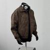 Men's Trendy Maillard Brown Leather Motorcycle Bomber Jacket with Lapel and Zipper