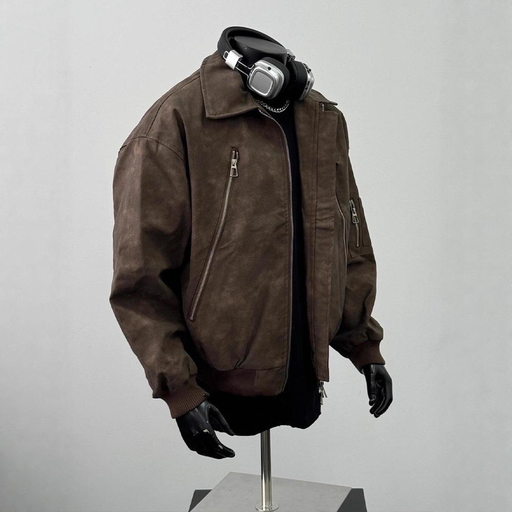 Men's Trendy Maillard Brown Leather Motorcycle Bomber Jacket with Lapel and Zipper
