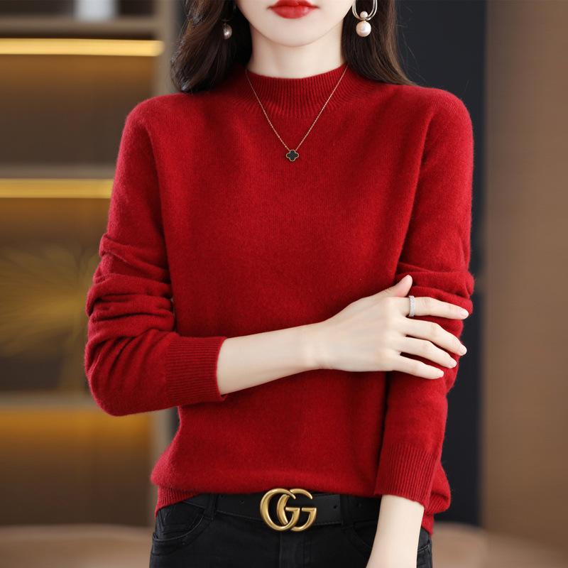 Women's Seamless Wool Knit Sweater - Short, Loose, Half-High Neck, Solid Color for Autumn and Winter