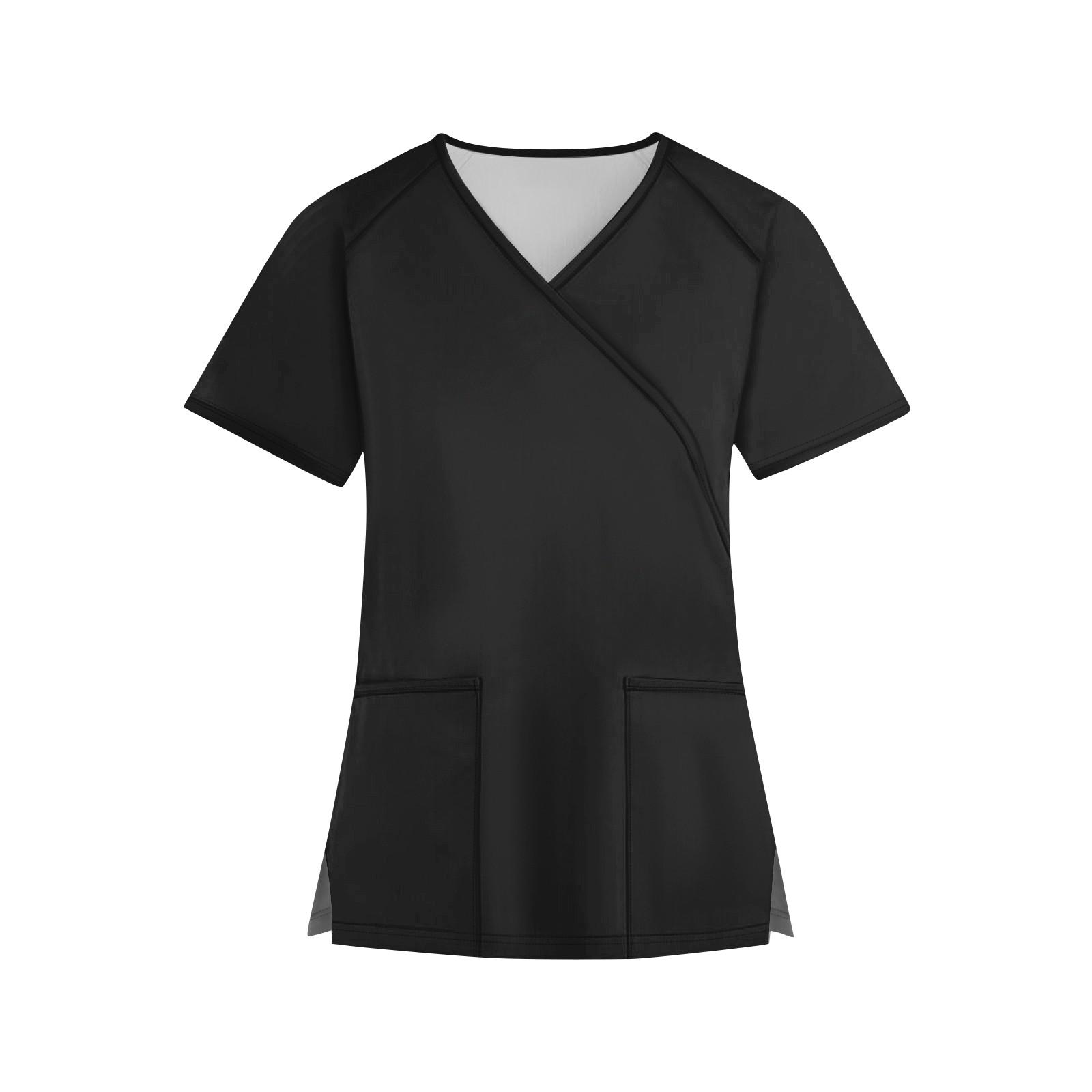 

Женская мода однотонная рабочая одежда с v-образным вырезом и короткими рукавами с карманами, топы XXXXXL чёрный