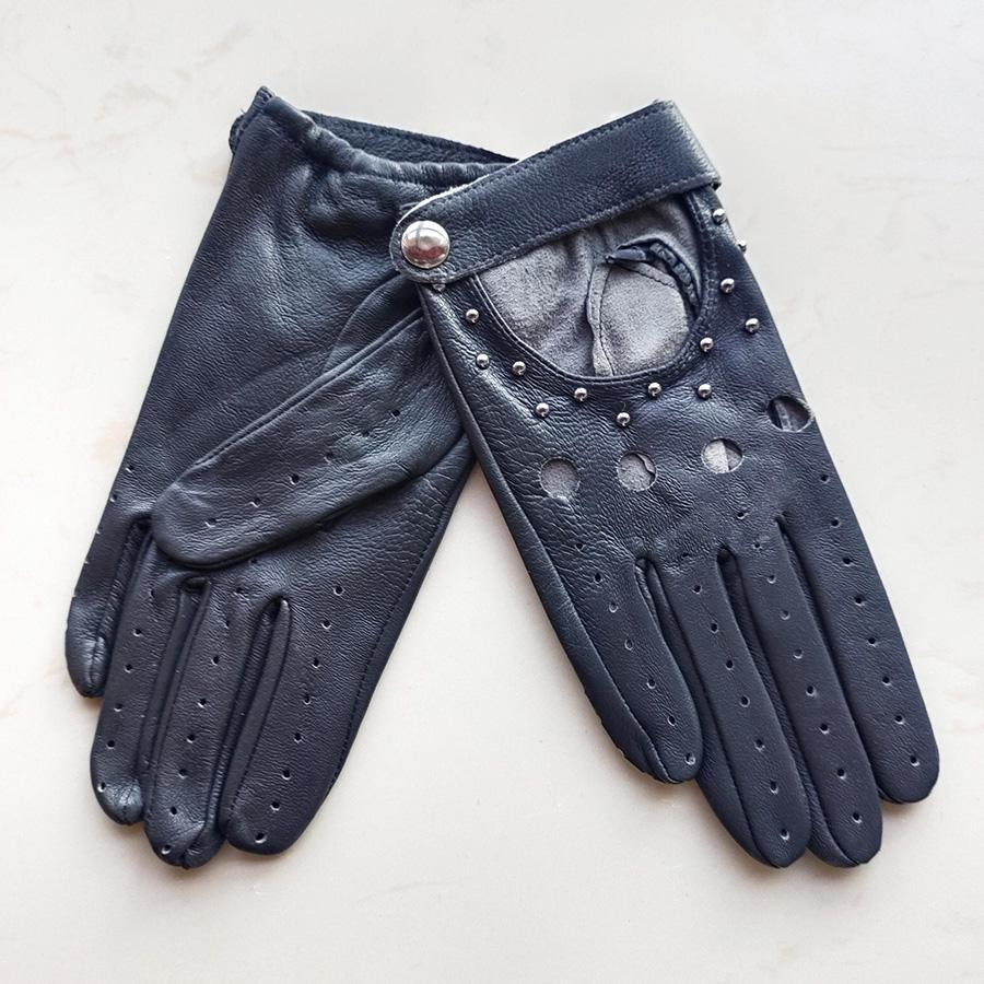Goatskin Driving Driver Leather Gloves Women's Thin Outdoor Motorcycle Riding Fashion Hollow Rivet Spring Summer