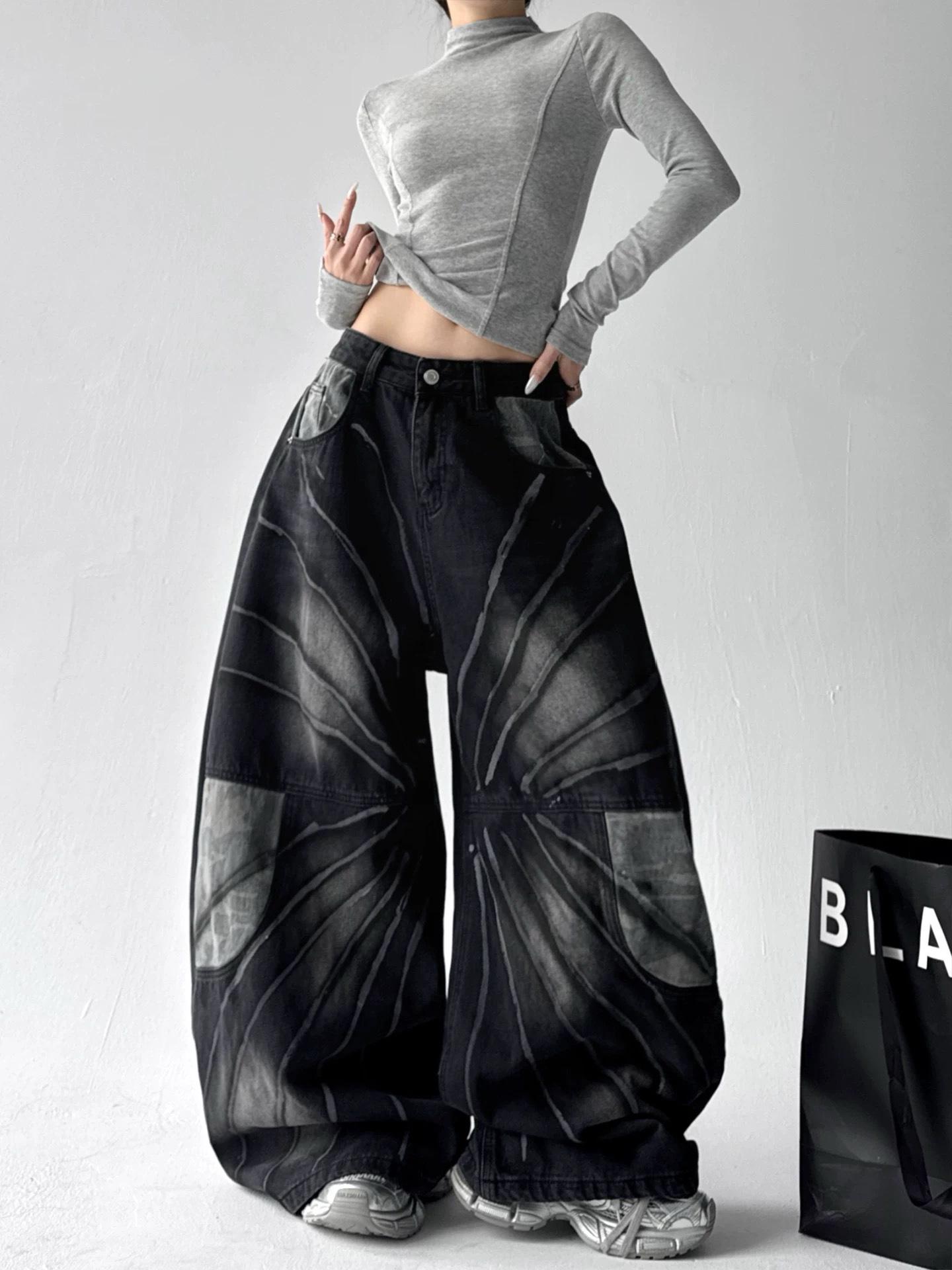 Women s Autumn Winter Retro Camouflage Patchwork Scimitar Jeans - Loose, Versatile Street Style, Wide-Leg Long Pants. Large