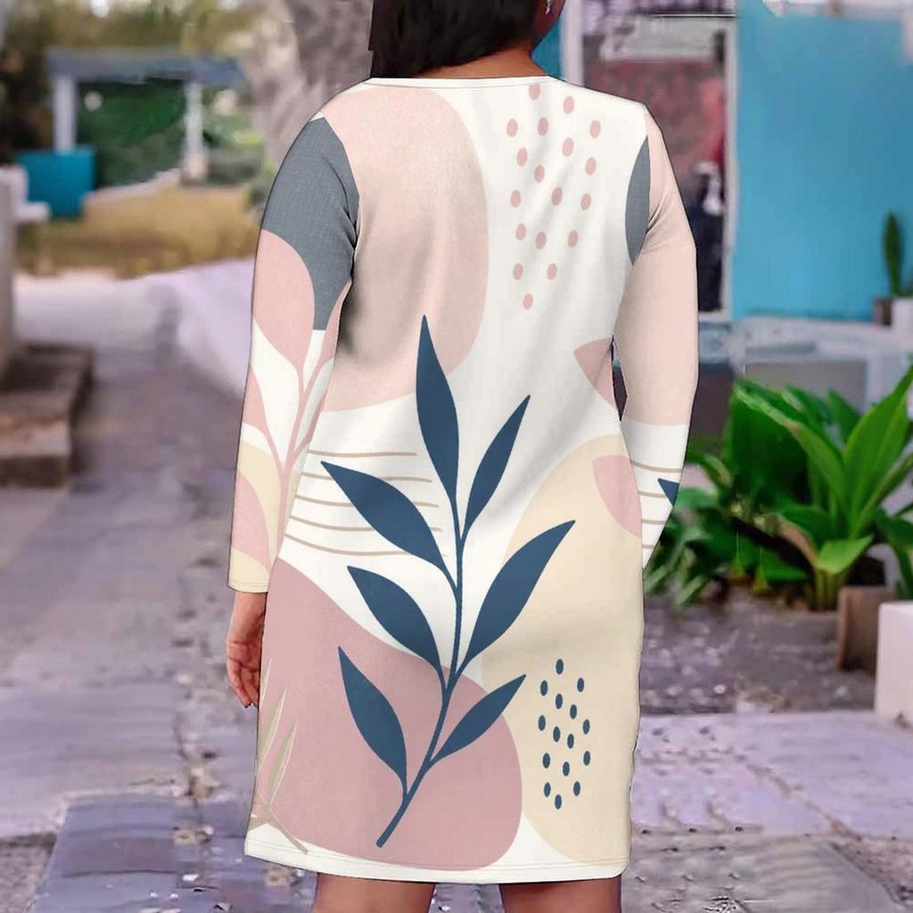 Women Plus Size V Neck Long Sleeve Printed Fitted Straight Dress