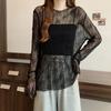 Black Thin Slightly Transparent Lace Shirt Long Sleeved T-shirt Women's Summer Plus Size Medium Long Outer Cover Top