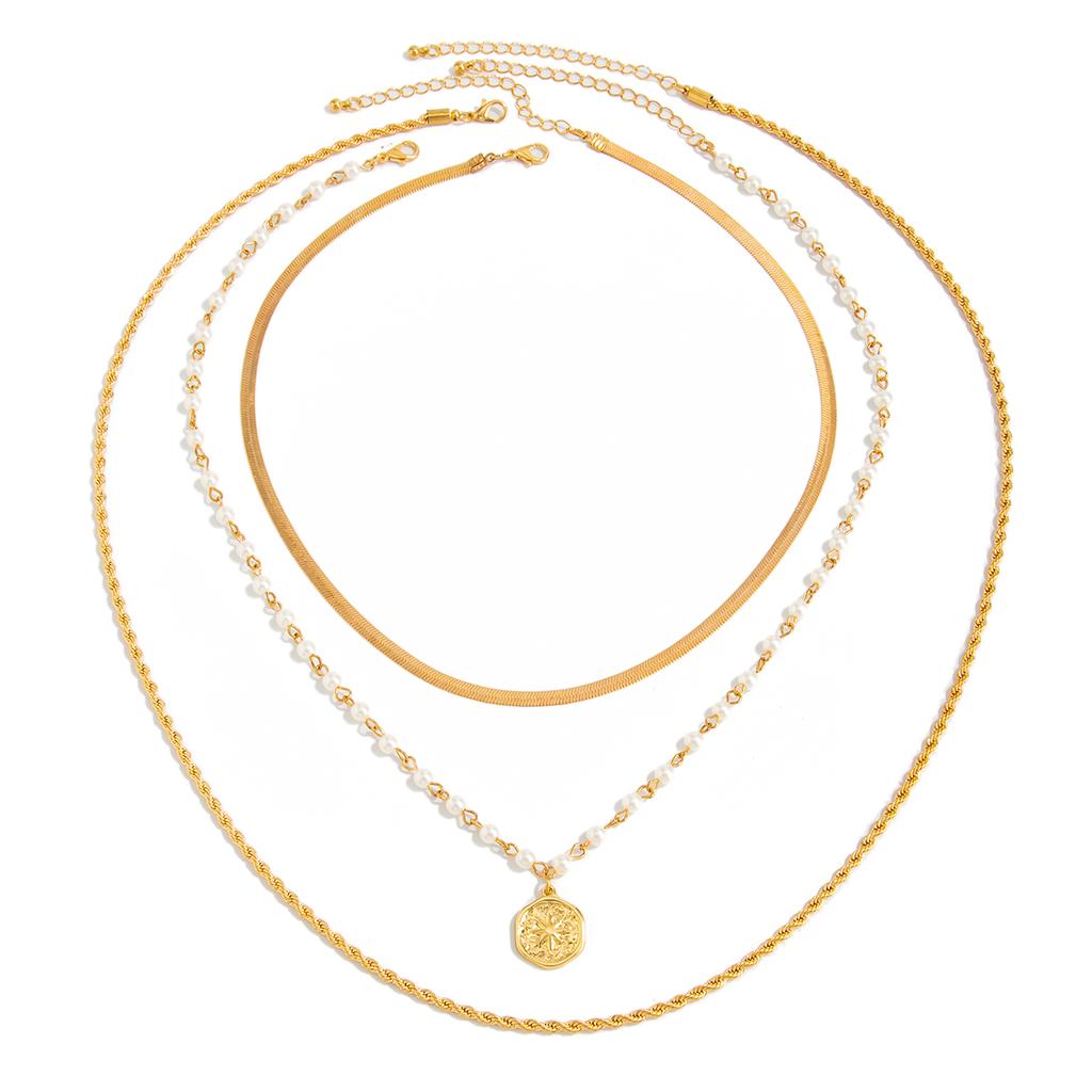 Salircon 3Pcs/set Trendy Imitation Pearl Coin Pendant Choker Necklace Men Punk Adjustable Gold Color Twist Chain Grunge Jewelry