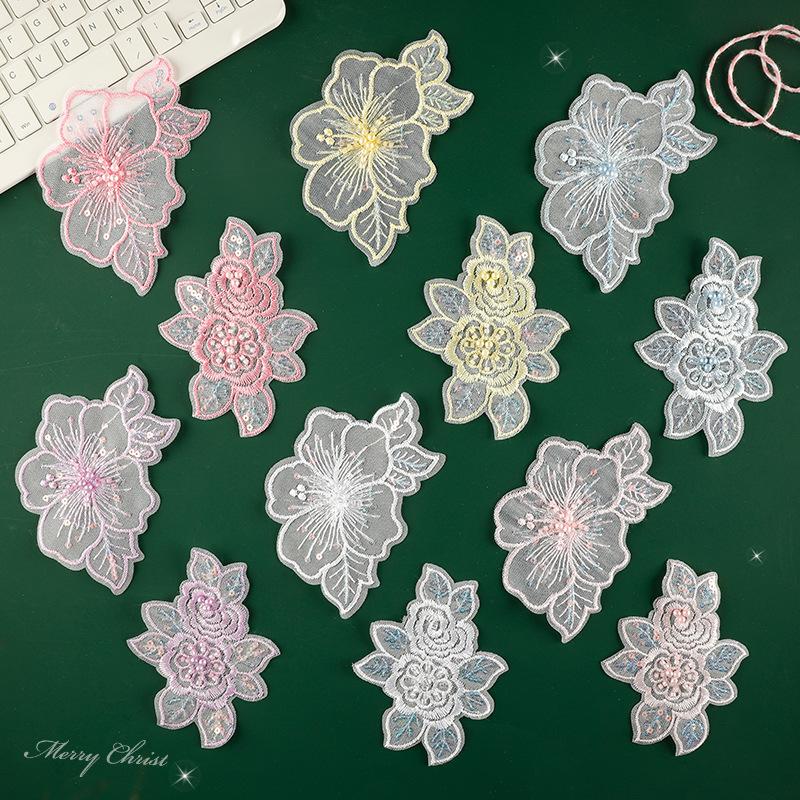 

Милый мультяшный цветок из сетчатой пряжи, кружево с бисером, тканевая наклейка, аксессуары для DIY, аксессуары для ручной работы, брошь, заколка для волос, вышивка 12 combination sets * Please buy 12 sets.