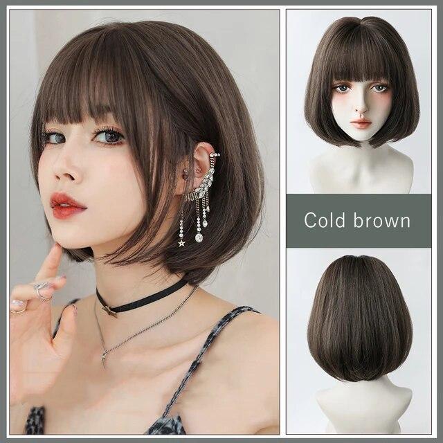 

AS черные короткие прямые синтетические парики с челкой парик боб для женщин повседневный косплей вечерние термостойкие искусственные волосы