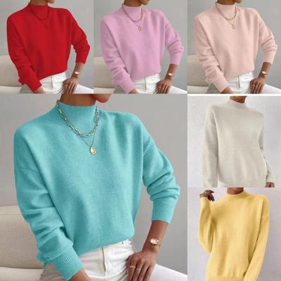 Pull ample en tricot uni pour femme: Haut de mode à manches longues et col semi-haut pour l'automne/hiver.