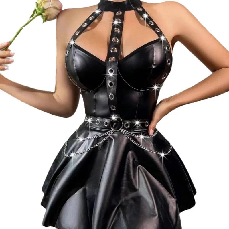 Womens Exotic Faux Leather Dresses Fetish Hater Backless A-line Latex Mini Dress Lingerie Push Up Sexy Costumes Black Dresses