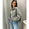 Women Vintage Small Plaid Cropped Jacket Lapel Collar Zip Up Long Sleeve Loose Casual Checkered Coat